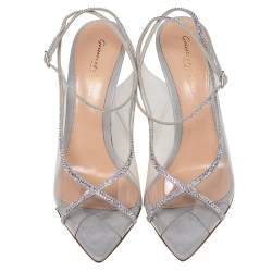 Pre Owned Gianvito Rossi Silver Shimmer Leather And PVC Crystelle Embellished Ankle Strap Sandals Size 38.5