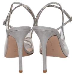 Pre Owned Gianvito Rossi Silver Shimmer Leather And PVC Crystelle Embellished Ankle Strap Sandals Size 38.5