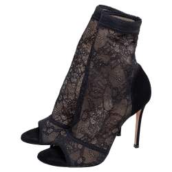 Pre Owned Gianvito Rossi Black Lace and Suede Missy Open Toe Ankle Boots Size Size 38.5