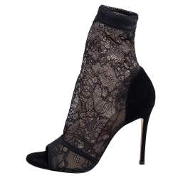 Pre Owned Gianvito Rossi Black Lace and Suede Missy Open Toe Ankle Boots Size Size 38.5