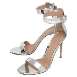 Pre Owned Gianvito Rossi Silver Croc Embossed Leather Portofino Sandals Size 39.5