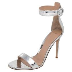 Pre Owned Gianvito Rossi Silver Croc Embossed Leather Portofino Sandals Size 39.5