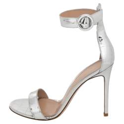 Pre Owned Gianvito Rossi Silver Croc Embossed Leather Portofino Sandals Size 39.5
