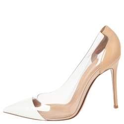 Pre Owned Gianvito Rossi Beige/White Patent Leather And PVC Plexi Pointed Toe Pumps Size 40.5