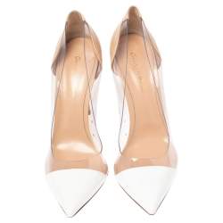 Pre Owned Gianvito Rossi Beige/White Patent Leather And PVC Plexi Pointed Toe Pumps Size 40.5