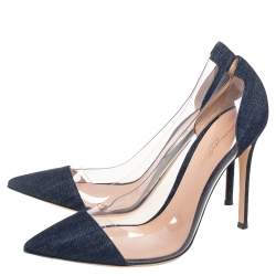 Pre Owned Gianvito Rossi Navy Blue Denim And PVC Plexi Pointed Toe Pumps Size 40