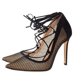 Pre Owned Gianvito Rossi Black Suede and Mesh Pointed-Toe Ankle-Tie Pumps Size 39