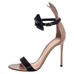 Pre Owned Gianvito Rossi Brown/Black Patent Leather And Satin Bow Detail Ankle Strap Sandals Size 40