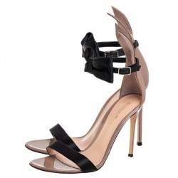Pre Owned Gianvito Rossi Brown/Black Patent Leather And Satin Bow Detail Ankle Strap Sandals Size 40