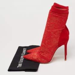 Pre Owned Gianvito Rossi Red Lace And Suede Pointed Ankle Booties Size 39