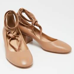 Pre Owned Gianvito Rossi Beige Leather Ribbon Block Heel Pumps Size 40