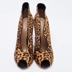 Pre Owned Gianvito Rossi Beige/Brown Leopard Print Calf Hair Vamp Booties Size 39.5