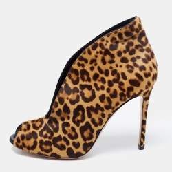 Pre Owned Gianvito Rossi Beige/Brown Leopard Print Calf Hair Vamp Booties Size 39.5