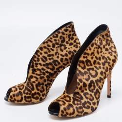 Pre Owned Gianvito Rossi Beige/Brown Leopard Print Calf Hair Vamp Booties Size 39.5