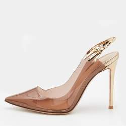 Pre Owned Gianvito Rossi Brown/Gold PVC And Patent Leather Kyle Pointed Toe Slingback Pumps Size 40