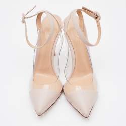 Pre Owned Gianvito Rossi Light Beige Leather And PVC Anise Pointed Toe Ankle Strap Sandals Size 37.5
