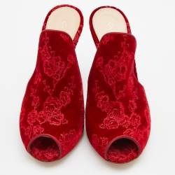 Pre Owned Gianvito Rossi Red Shanghai Embroidered Velvet Mules Size 36.5