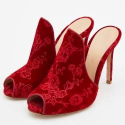 Pre Owned Gianvito Rossi Red Shanghai Embroidered Velvet Mules Size 36.5