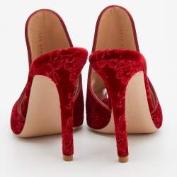 Pre Owned Gianvito Rossi Red Shanghai Embroidered Velvet Mules Size 36.5