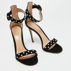 Pre Owned Gianvito Rossi Black Suede Studded Portofino Ankle Strap Sandals Size 38.5