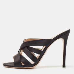 Pre Owned Gianvito Rossi Black Satin Strappy Slide Sandals Size 38.5