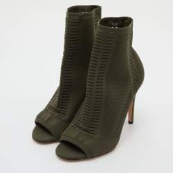Pre Owned Gianvito Rossi Army Green Knit Fabric Vires Peep Toe Booties Size 40