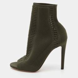 Pre Owned Gianvito Rossi Army Green Knit Fabric Vires Peep Toe Booties Size 40