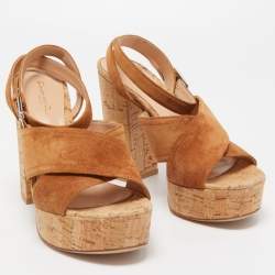 Gianvito Rossi Brown Suede Cork Platform Ankle Strap Sandals Size 39