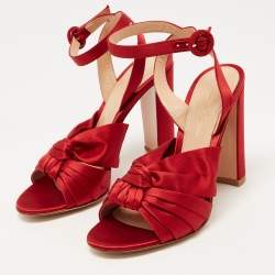 Pre Owned Gianvito Rossi Red Satin Knot Ankle Strap Sandals Size 37.5