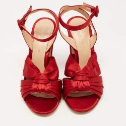 Pre Owned Gianvito Rossi Red Satin Knot Ankle Strap Sandals Size 37.5
