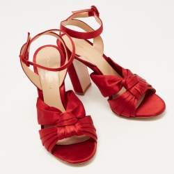 Pre Owned Gianvito Rossi Red Satin Knot Ankle Strap Sandals Size 37.5