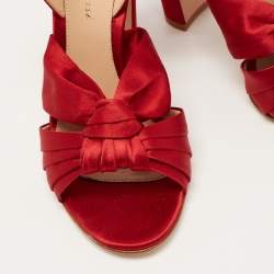 Pre Owned Gianvito Rossi Red Satin Knot Ankle Strap Sandals Size 37.5