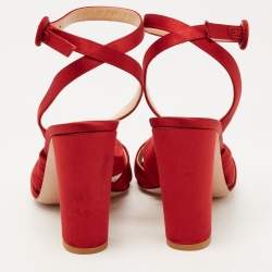 Pre Owned Gianvito Rossi Red Satin Knot Ankle Strap Sandals Size 37.5