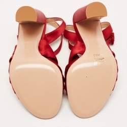 Pre Owned Gianvito Rossi Red Satin Knot Ankle Strap Sandals Size 37.5