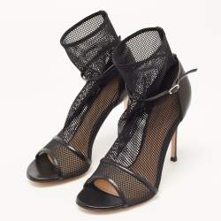 Pre Owned Gianvito Rossi Black Mesh and Leather Idol Open-Toe Ankle Boots Size 37.5