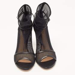 Pre Owned Gianvito Rossi Black Mesh and Leather Idol Open-Toe Ankle Boots Size 37.5