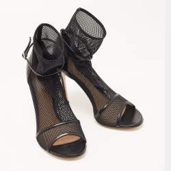 Pre Owned Gianvito Rossi Black Mesh and Leather Idol Open-Toe Ankle Boots Size 37.5