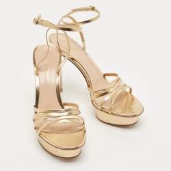 Pre Owned Gianvito Rossi Gold Leather Strappy Platform Heels Sandals Size 38.5