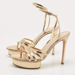 Pre Owned Gianvito Rossi Gold Leather Strappy Platform Heels Sandals Size 38.5