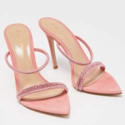 Pre Owned Gianvito Rossi Pink Crystal Embellished Suede Cannes Sandals Size 37.5