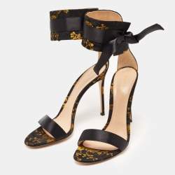 Pre Owned Gianvito Rossi Black/Yellow Jacquard Fabric Ankle Strap Open Toe Sandals Size 42