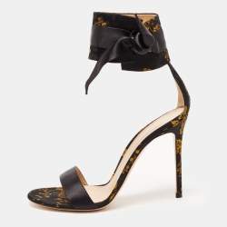 Pre Owned Gianvito Rossi Black/Yellow Jacquard Fabric Ankle Strap Open Toe Sandals Size 42