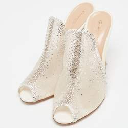 Pre Owned Gianvito Rossi White Mesh Crystal Embellished Mules Size 40.5