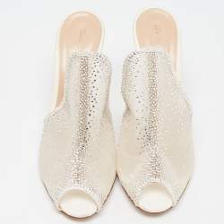 Pre Owned Gianvito Rossi White Mesh Crystal Embellished Mules Size 40.5