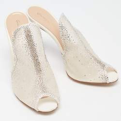 Pre Owned Gianvito Rossi White Mesh Crystal Embellished Mules Size 40.5