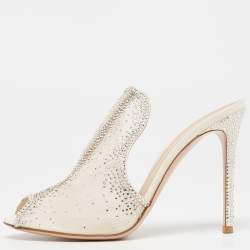 Pre Owned Gianvito Rossi White Mesh Crystal Embellished Mules Size 40.5