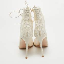 Pre Owned Gianvito Rossi White Mesh and Leather Lace Up Ankle Boots Size 39
