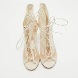 Pre Owned Gianvito Rossi White Mesh and Leather Lace Up Ankle Boots Size 39