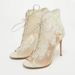 Pre Owned Gianvito Rossi White Mesh and Leather Lace Up Ankle Boots Size 39