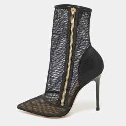Pre Owned Gianvito Rossi Black Mesh and Leather Pointed Toe Ankle Boots Size 38